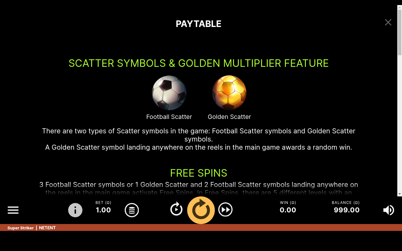 Super Striker information screen showing scatter symbols and the Golden Multiplier feature