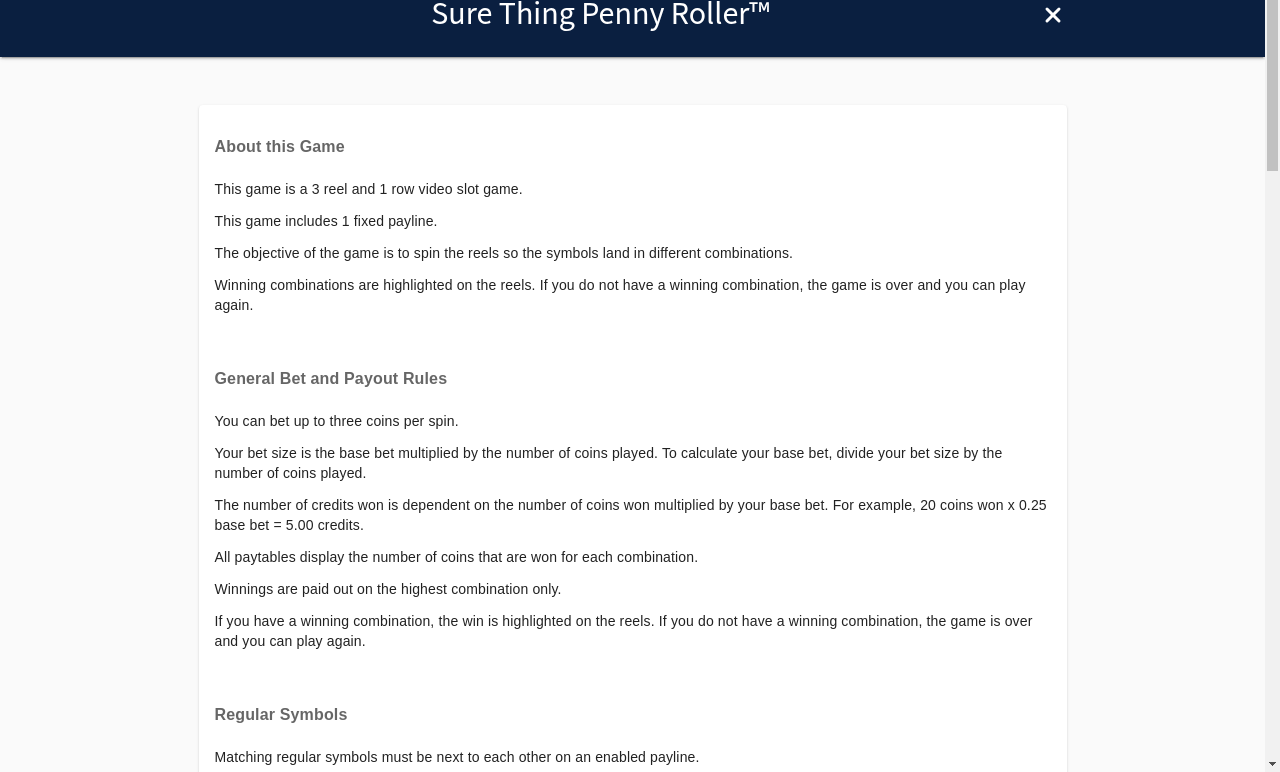 Sure Thing - Penny Roller information screen