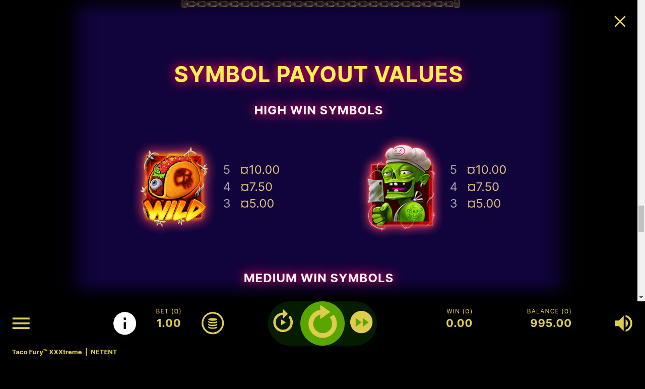 Taco Fury XXXtreme information screen