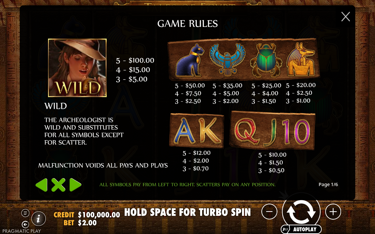 Tales of Egypt information screen