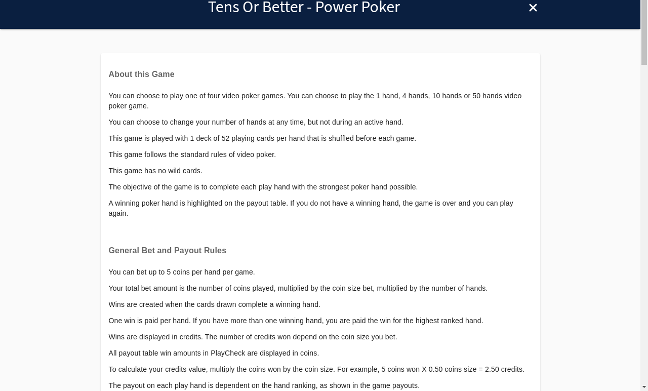 Tens or Better - Power Poker information screen