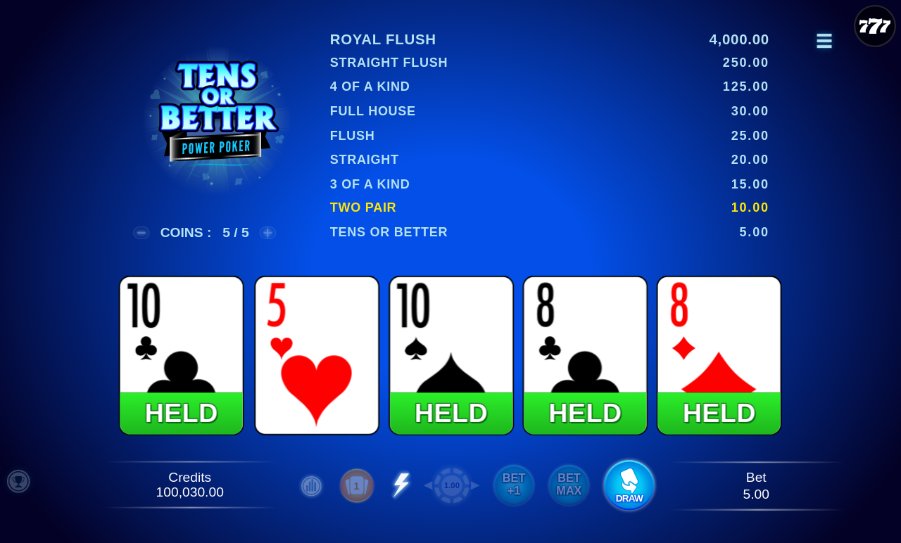 Tens or Better - Power Poker gameplay