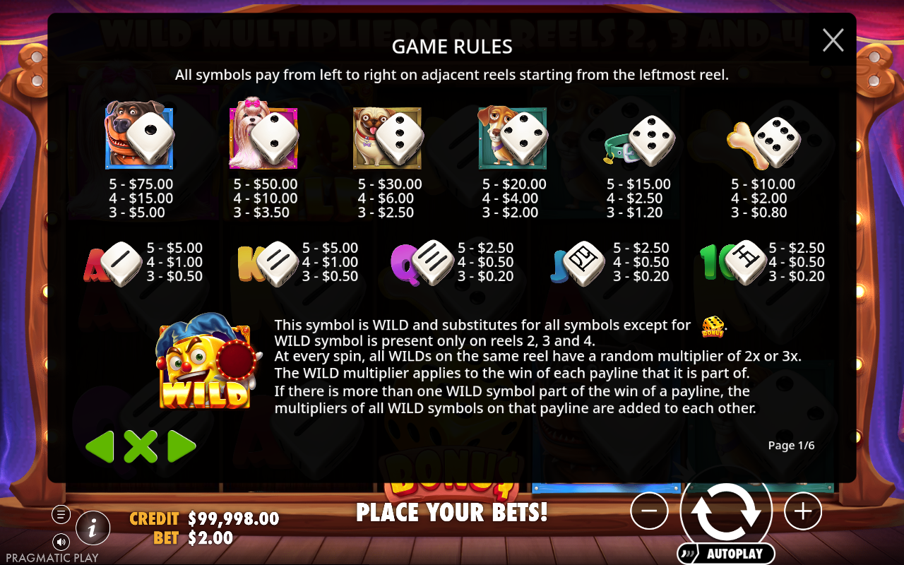 The Dog House Dice Show information screen