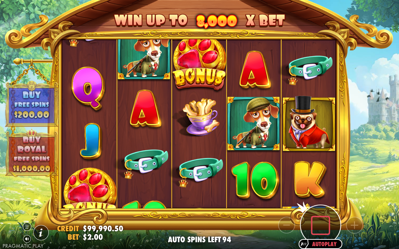 Sticky wilds filling the middle reels in The Dog House Royal Hunt free spins