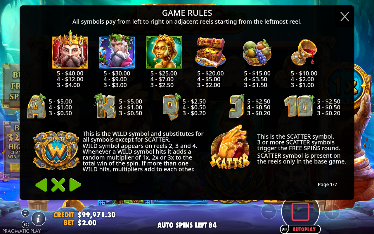 The Hand of Midas information screen showing wild and scatter rules