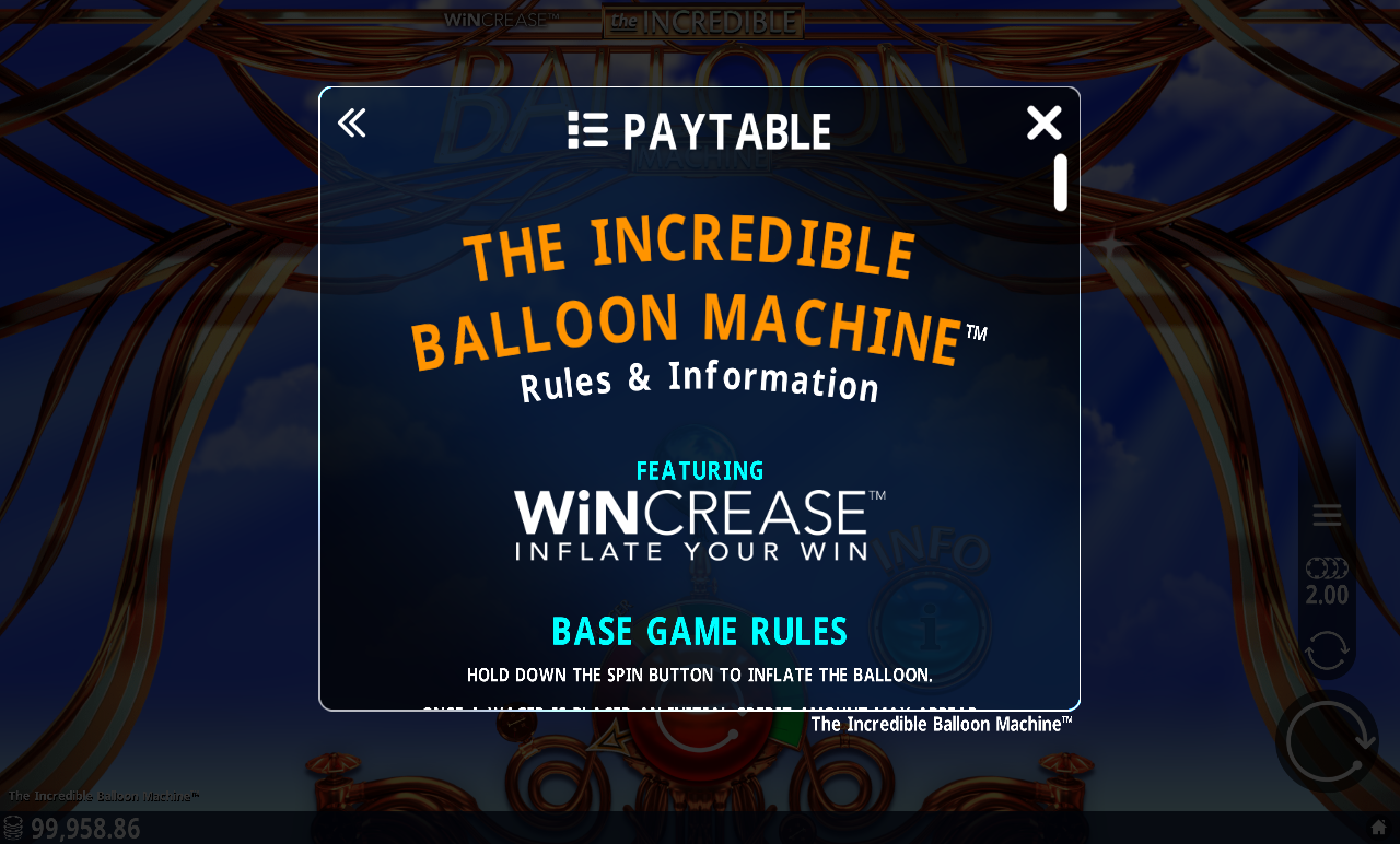 The Incredible Balloon Machine information screen