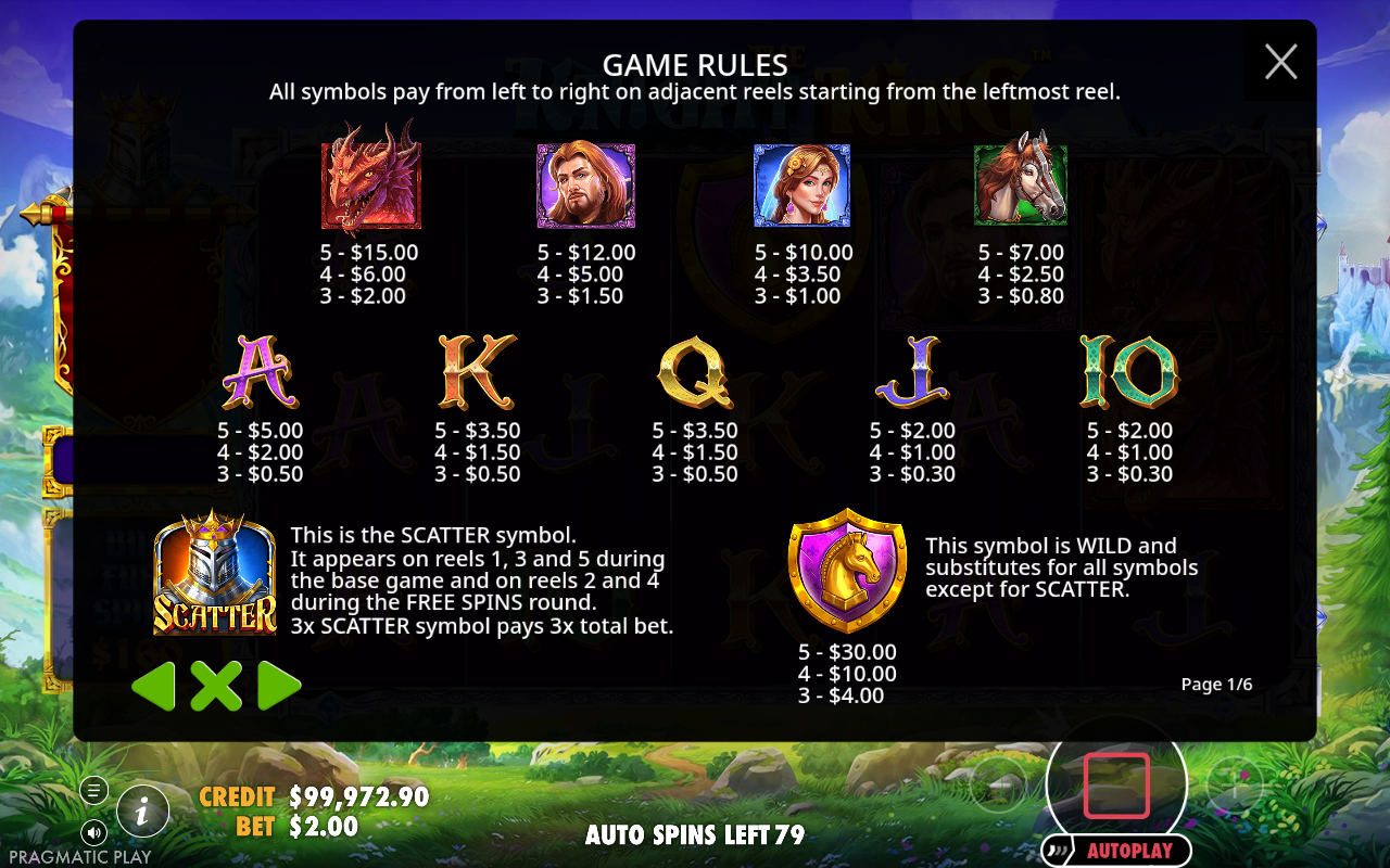 The Knight King game rules screen