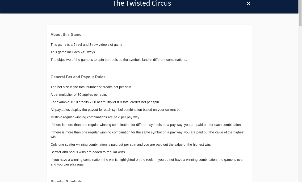 The Twisted Circus information screen