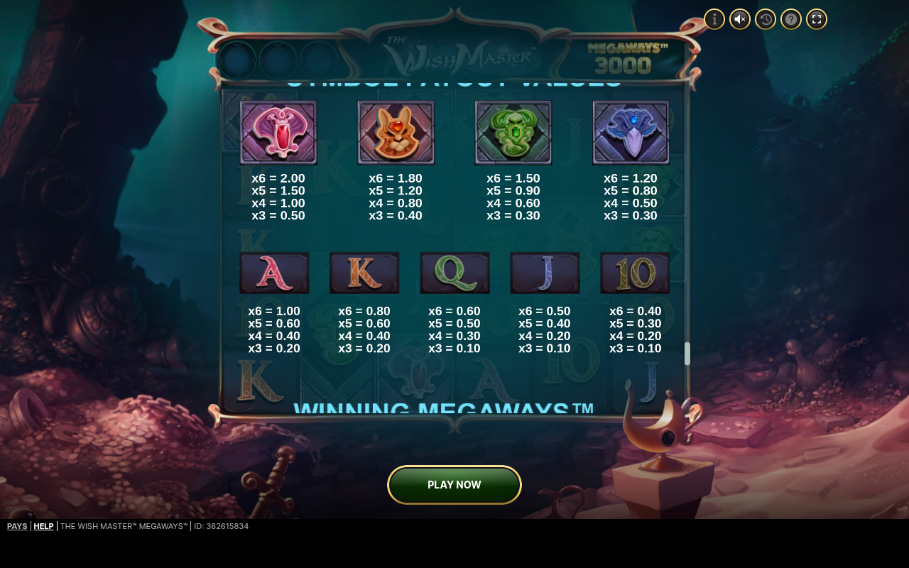 The Wish Master Megaways information screen