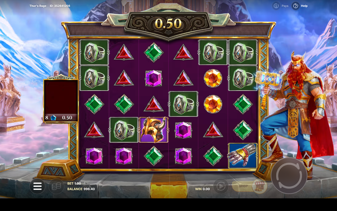 Thor's Rage gameplay showing a base game win