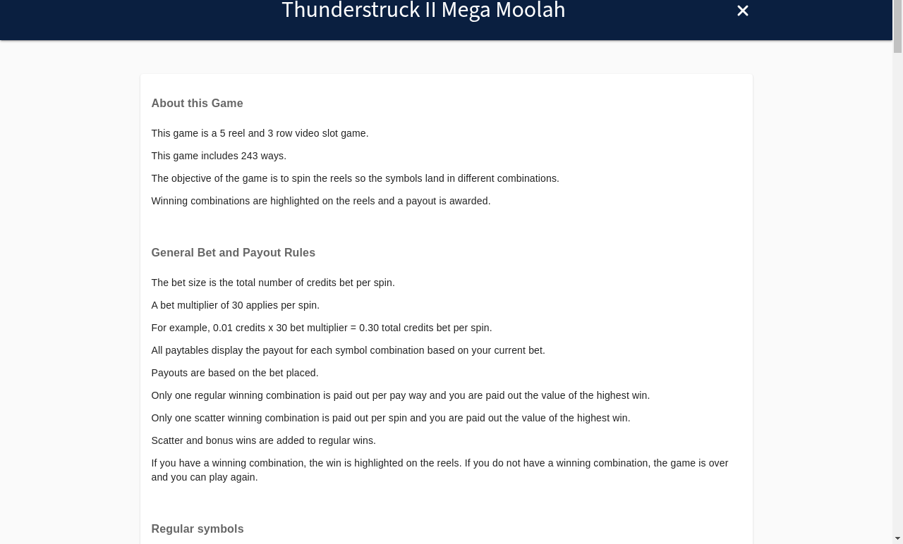 Thunderstruck II Mega Moolah information screen