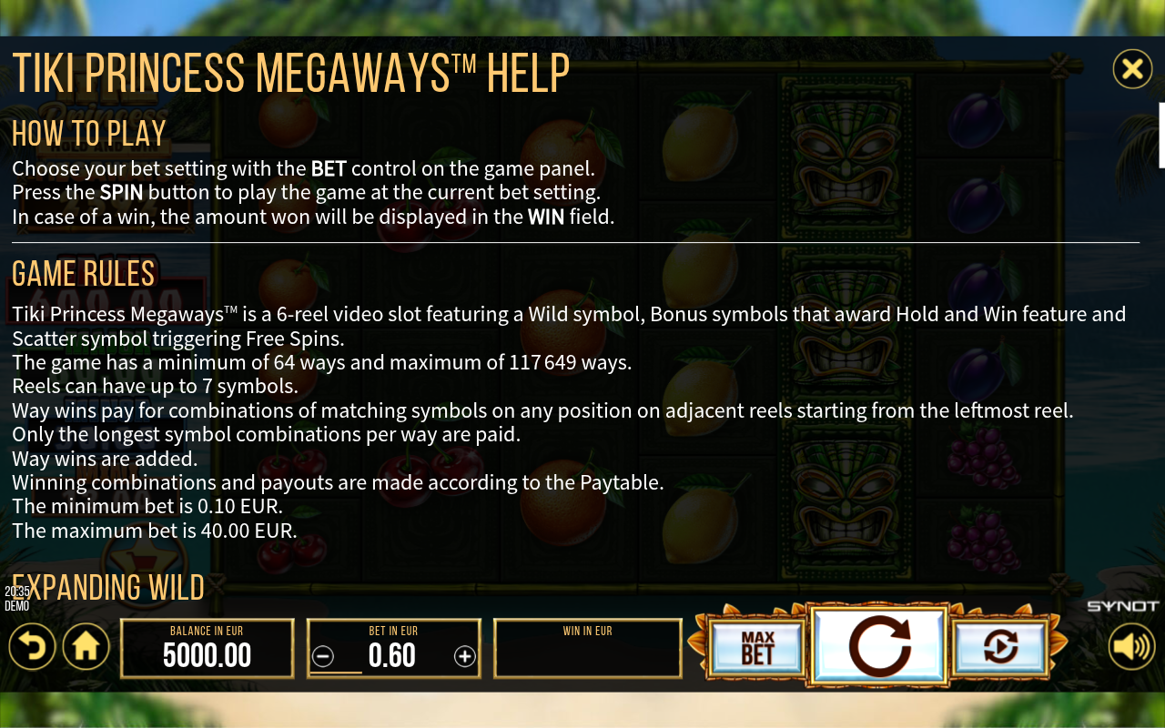 Tiki Princess Megaways rules screen showing ways and bet range