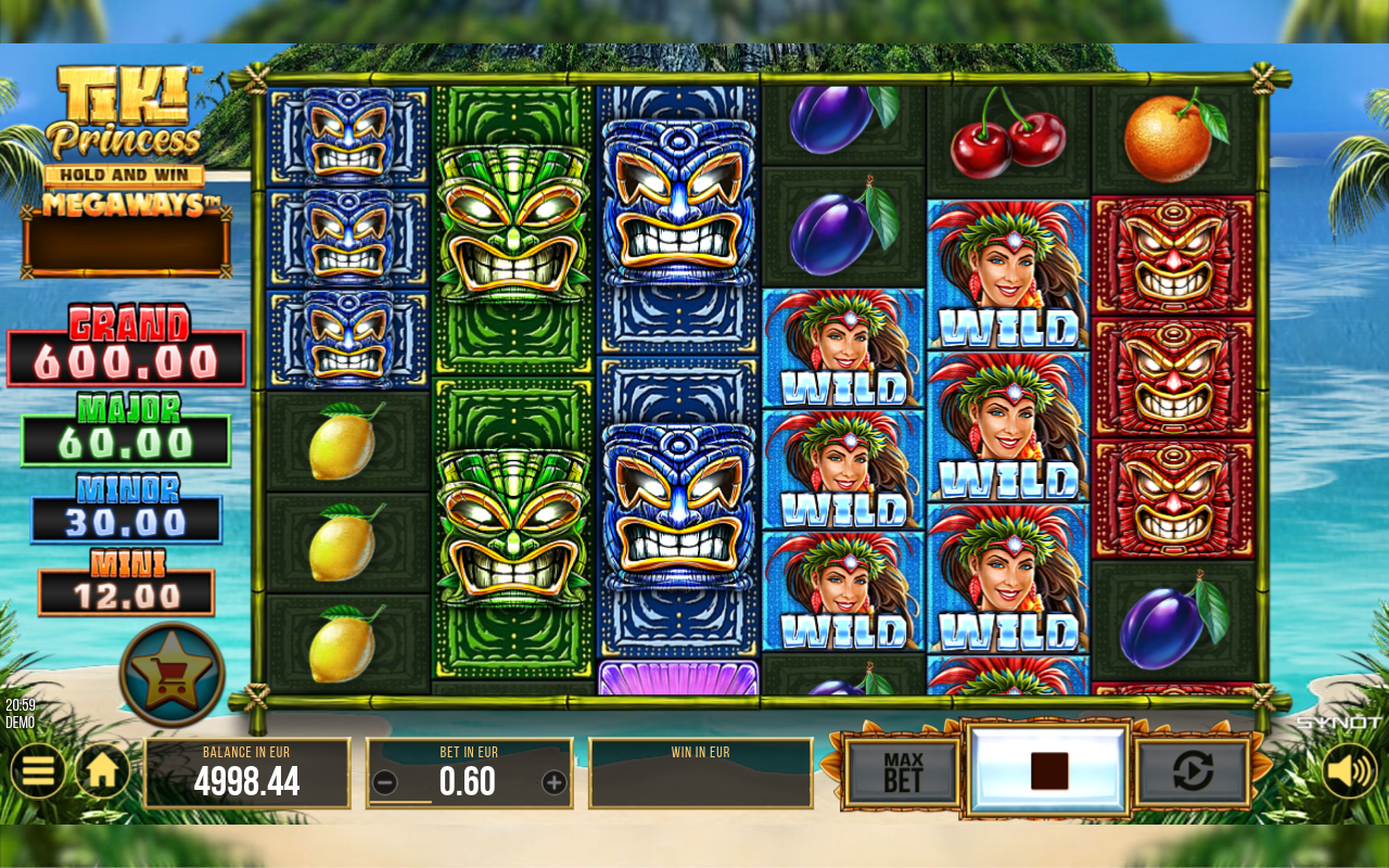 Tiki Princess Megaways gameplay showing Bonus and Wild symbols across the reels
