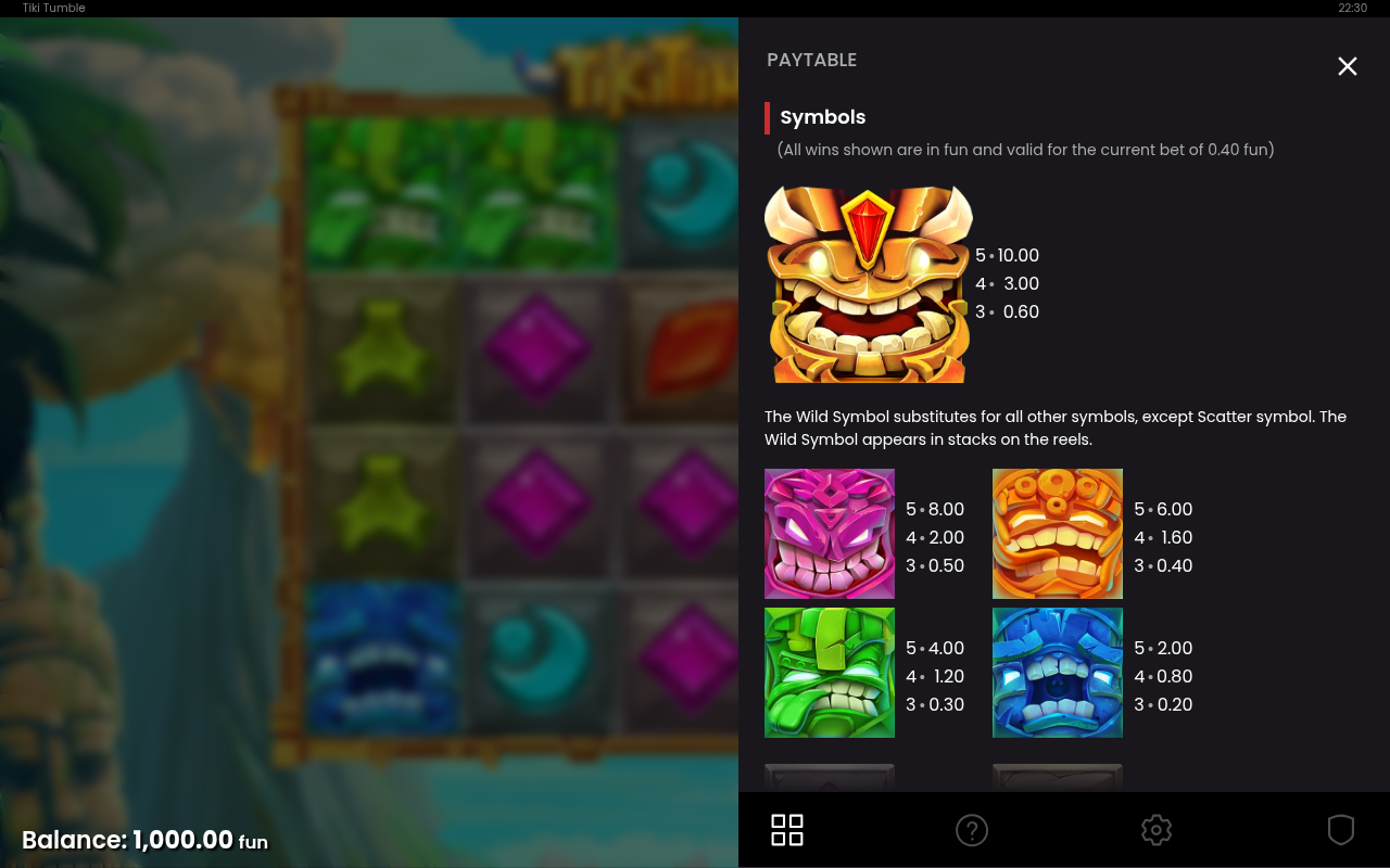 Tiki Tumble information screen