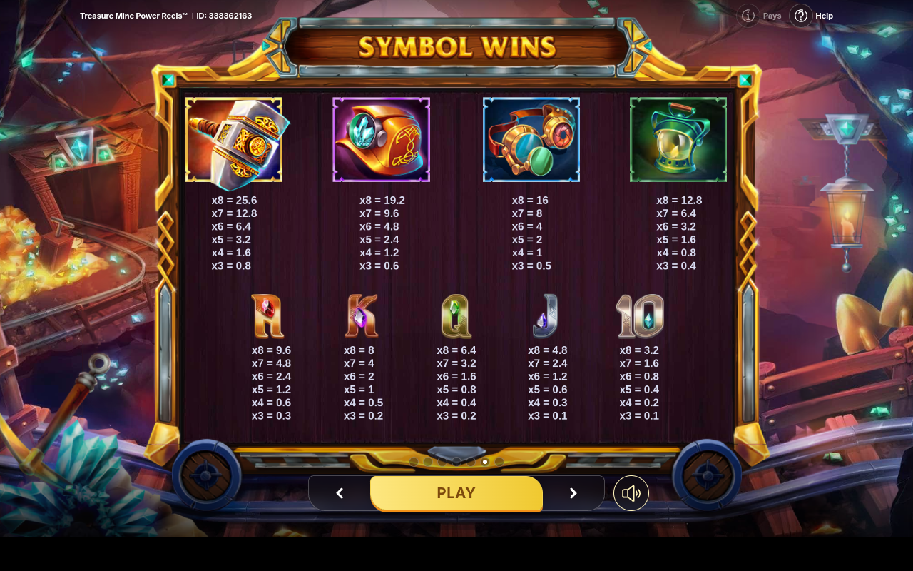 Treasure Mine Power Reels information screen
