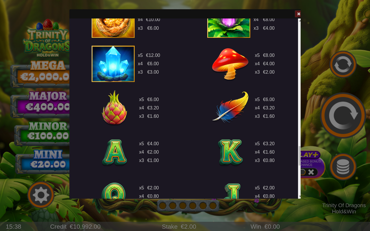Trinity of Dragons Hold & Win information screen