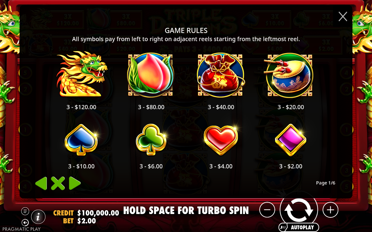 Triple Dragons information screen showing game rules and paylines