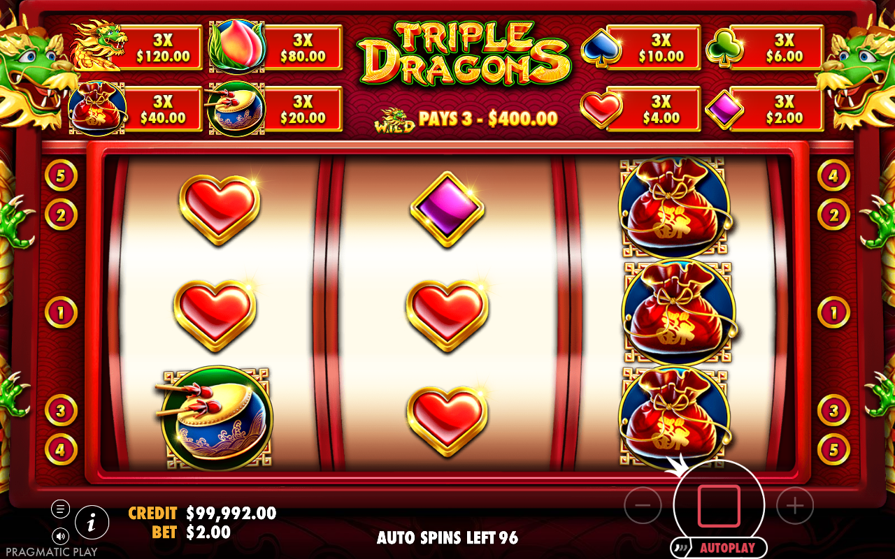 Triple Dragons gameplay showing the wild pays banner and autoplay in progress