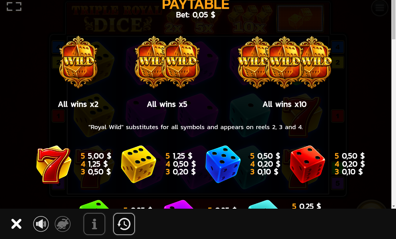 Triple Royal Dice Royal Wild paytable screen
