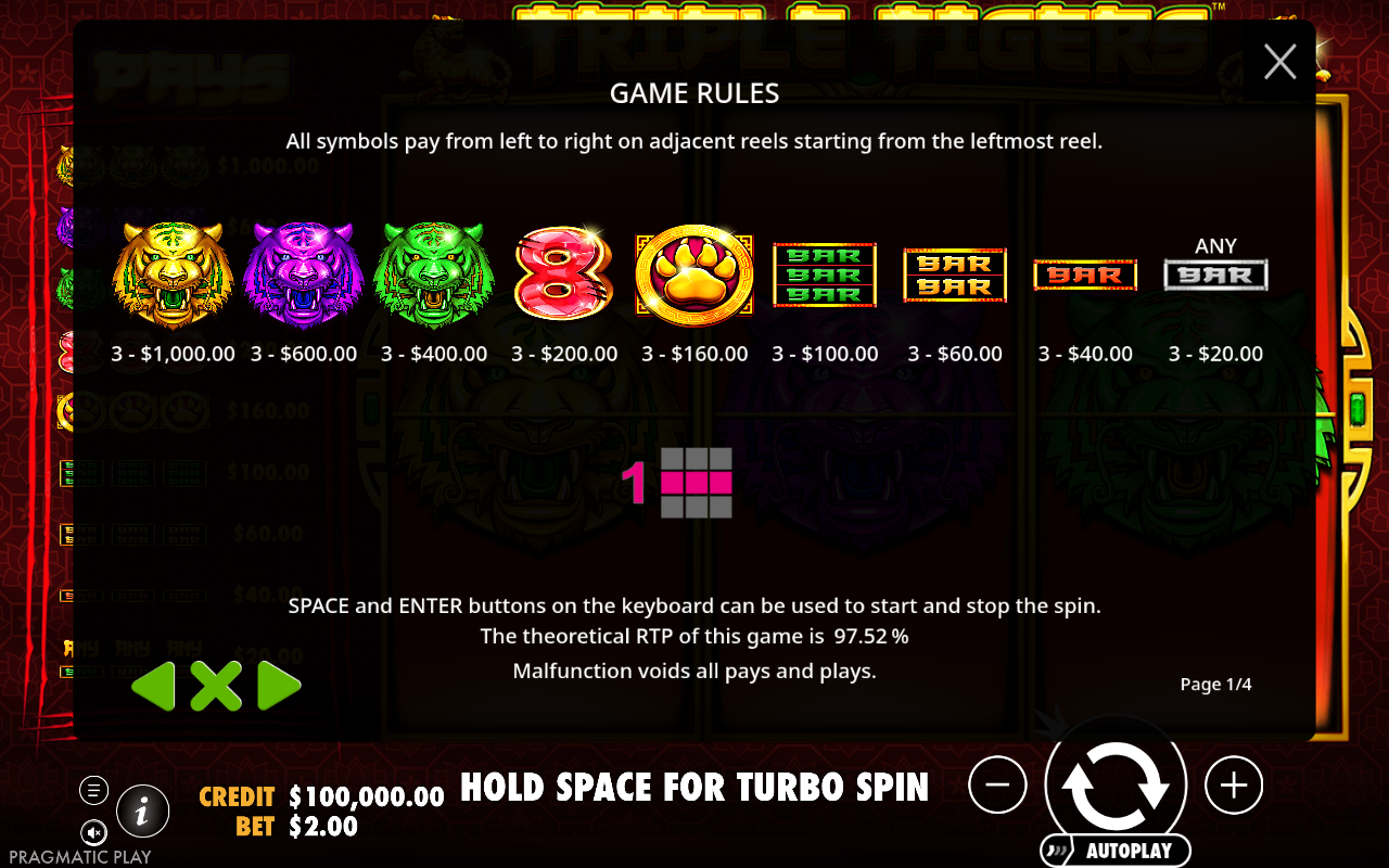 Triple Tigers information screen