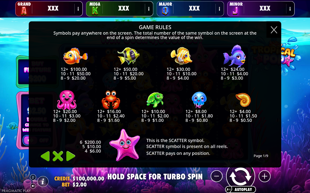 Tropical Pop Jackpot Play information screen