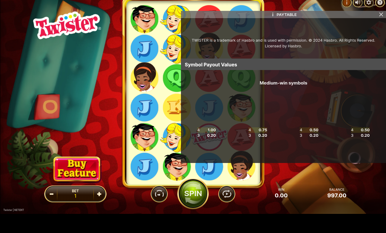 Twister symbol payout values screen