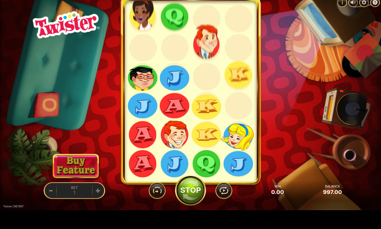 Twister gameplay with character and letter symbols on the grid