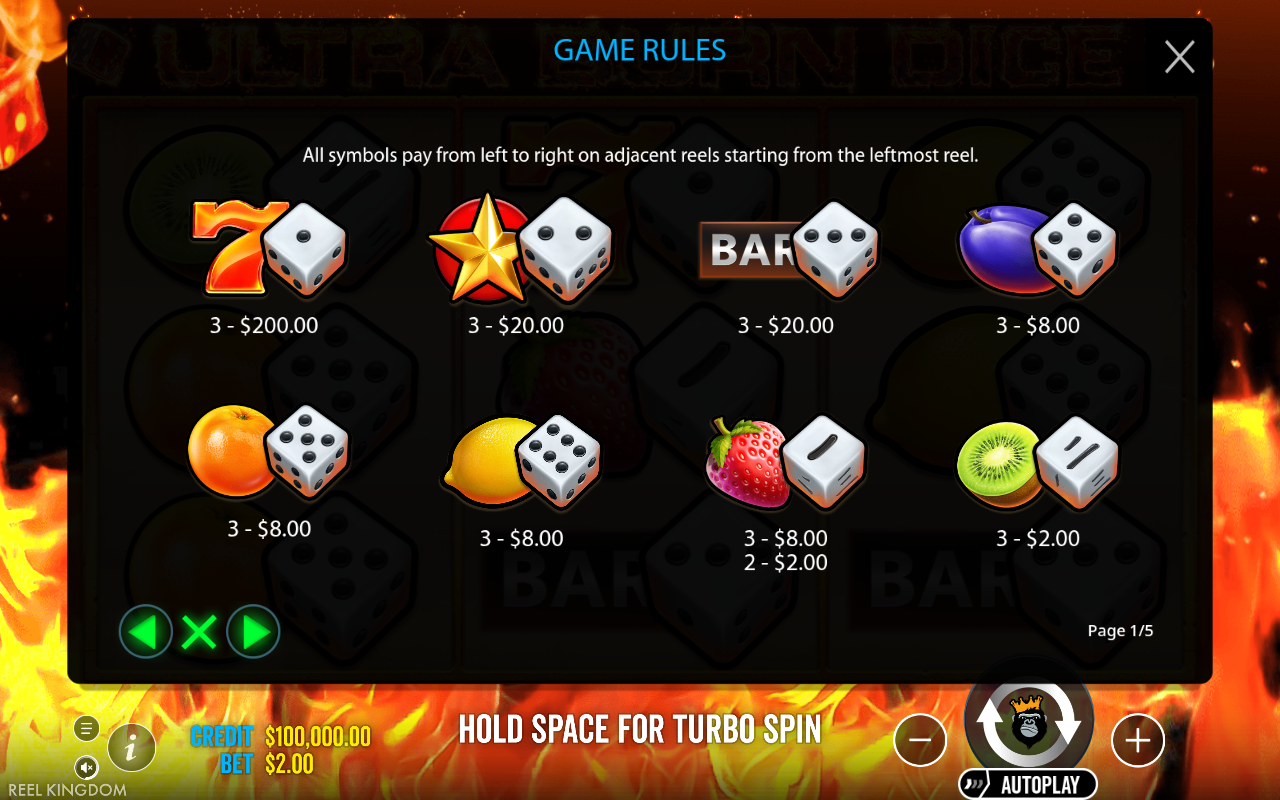 Ultra Burn Dice information screen