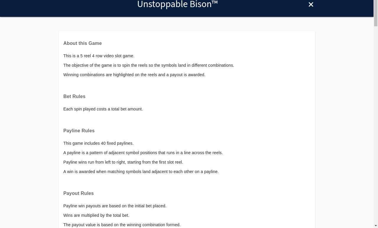 Unstoppable Bison information screen