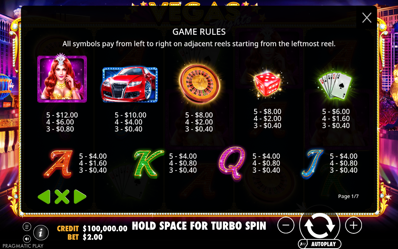 Vegas Nights information screen