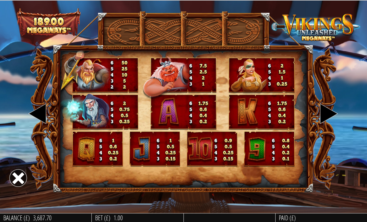 Vikings Unleashed Megaways information screen