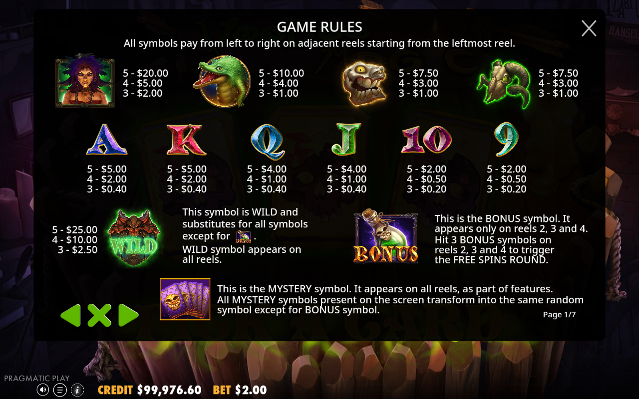 Voodoo Magic information screen