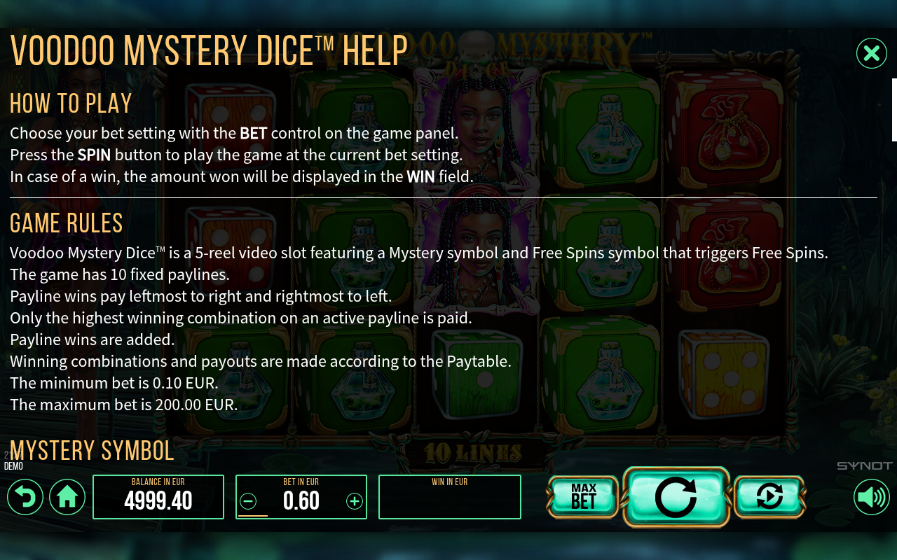 Voodoo Mystery Dice information screen