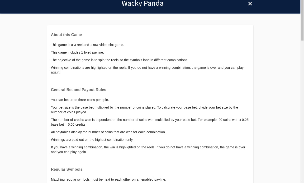 Wacky Panda information screen
