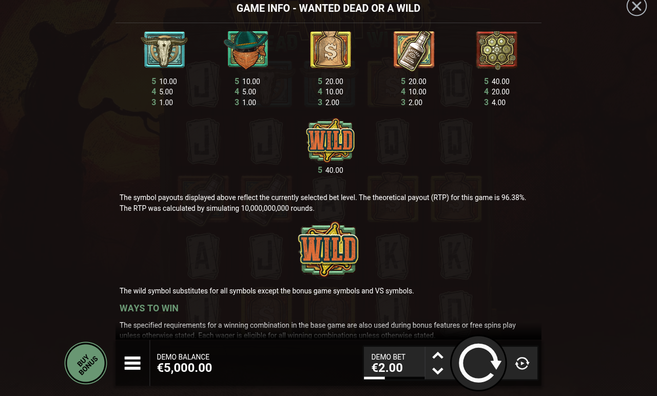 Wanted Dead or A Wild paytable and rules screen