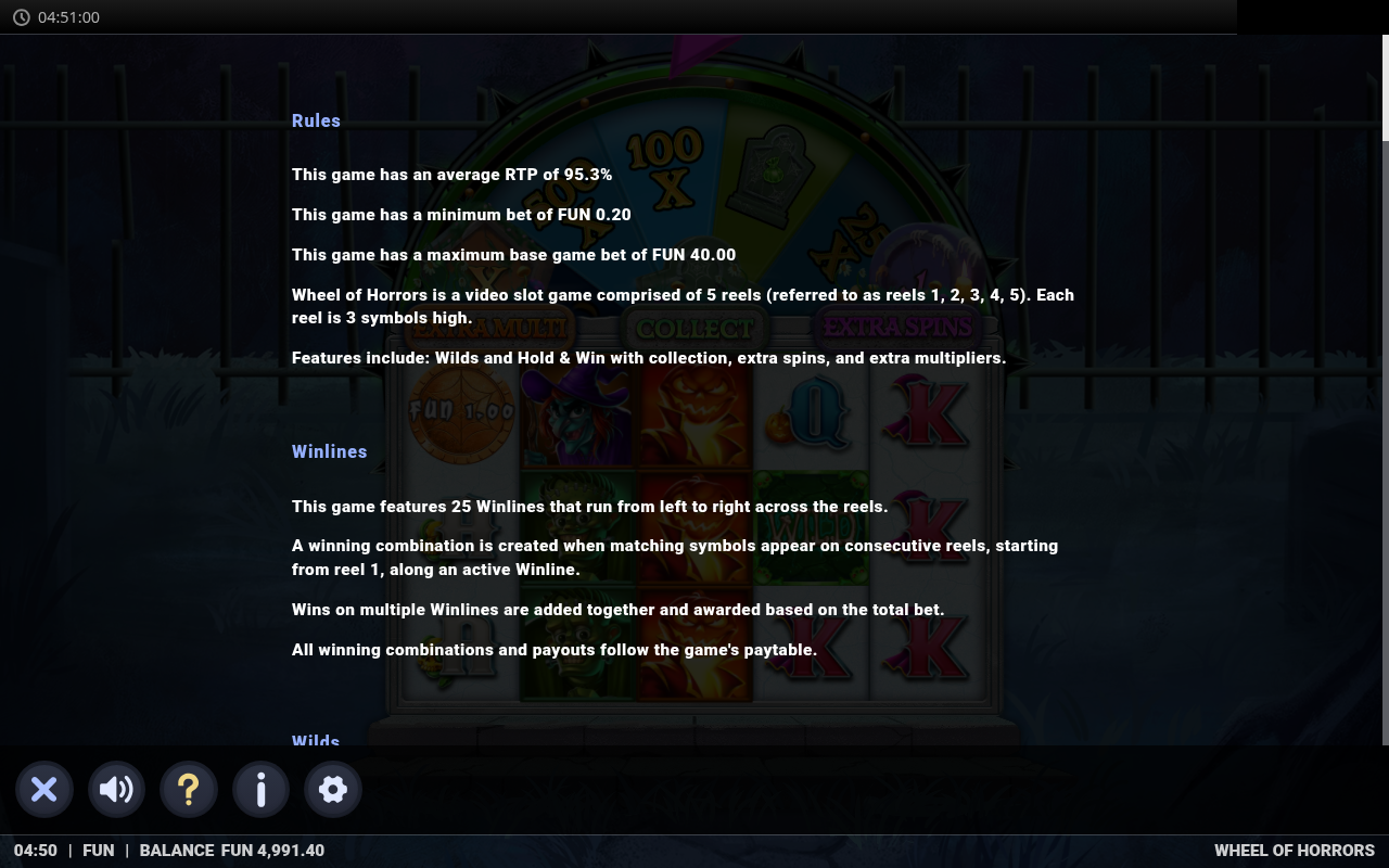 Wheel of Horrors information screen