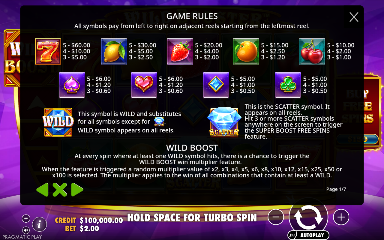 Wild Booster information screen