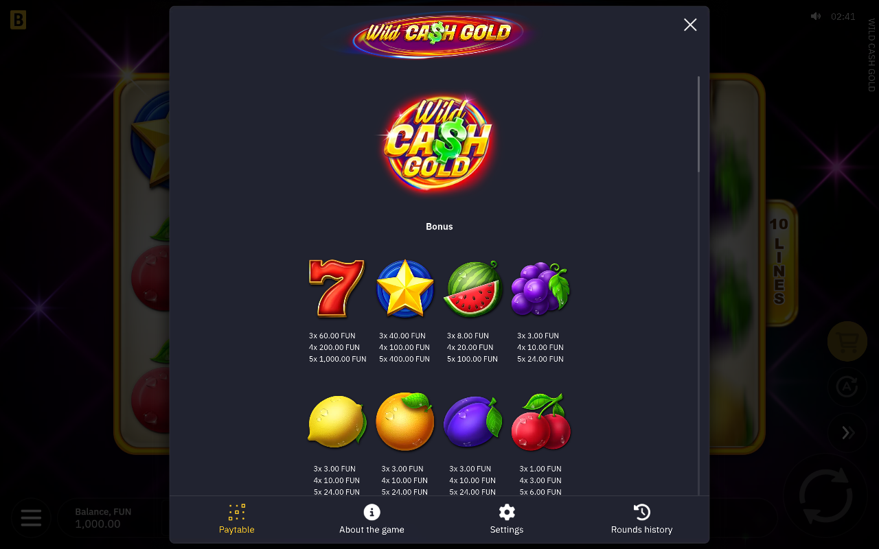 Wild Cash Gold information screen