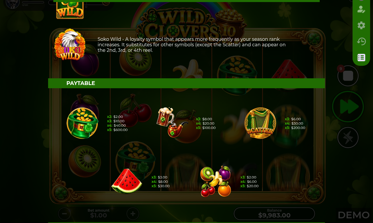 Wild Clovers 10 information screen