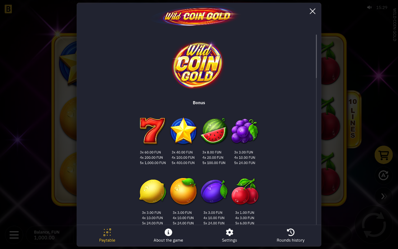 Wild Coin Gold information screen