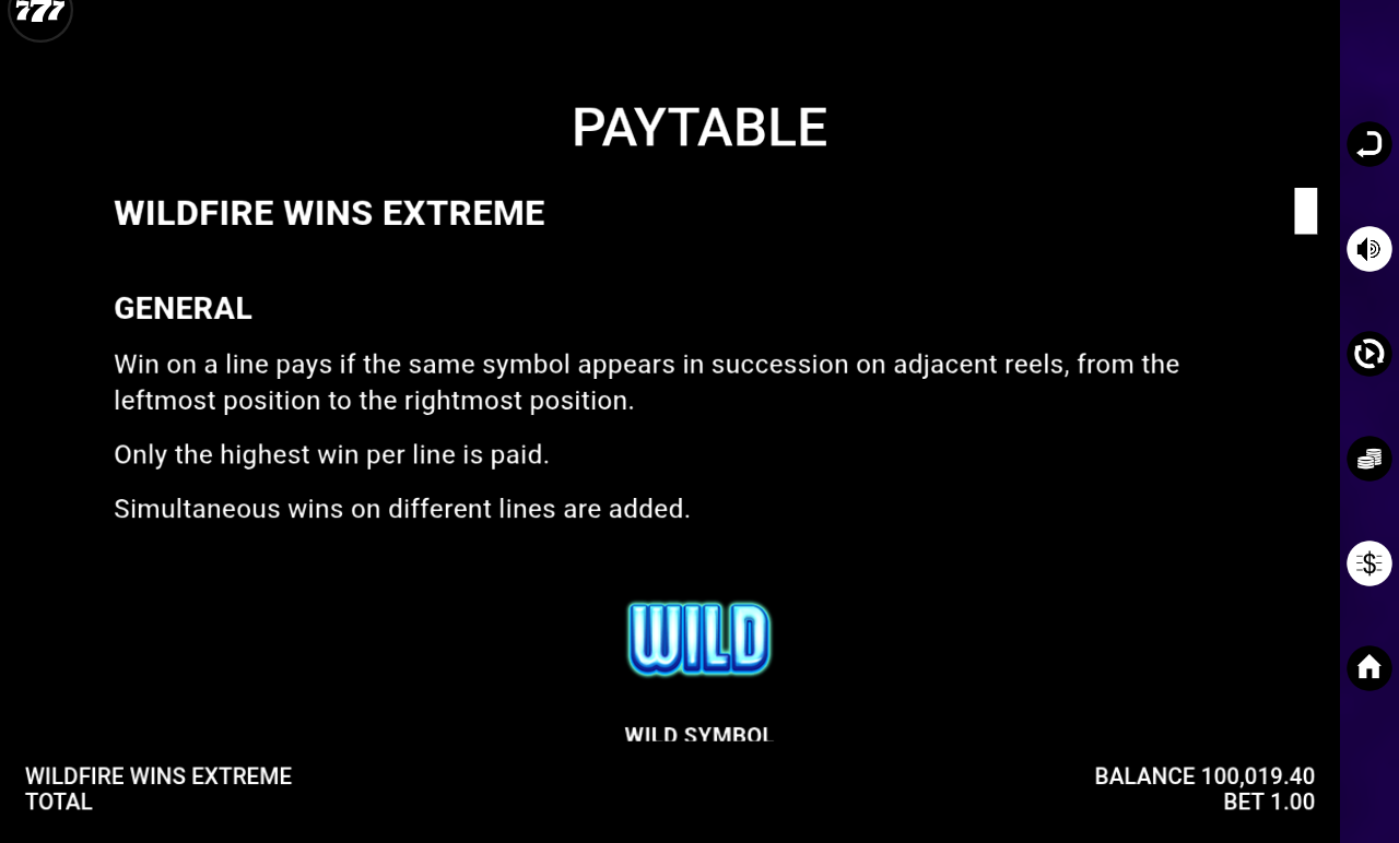 Wildfire Wins Extreme information screen