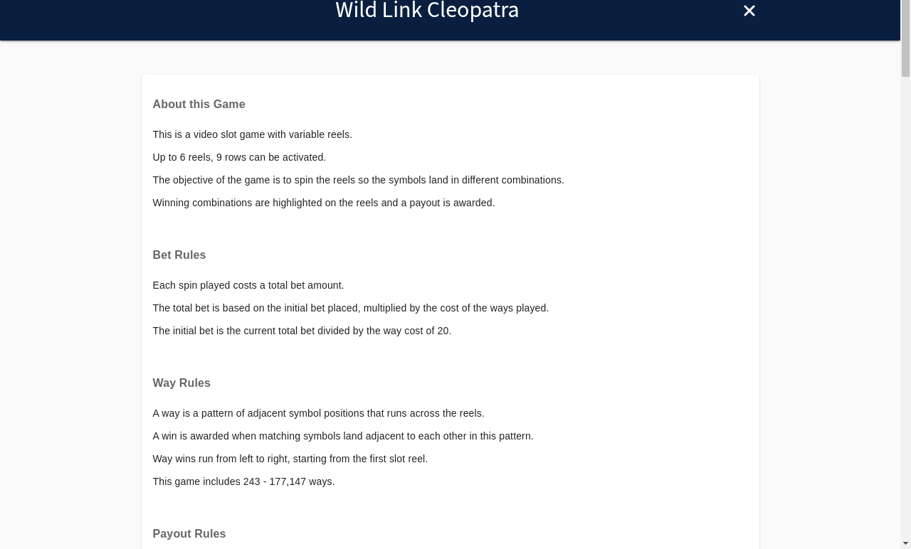 Wild Link Cleopatra information screen