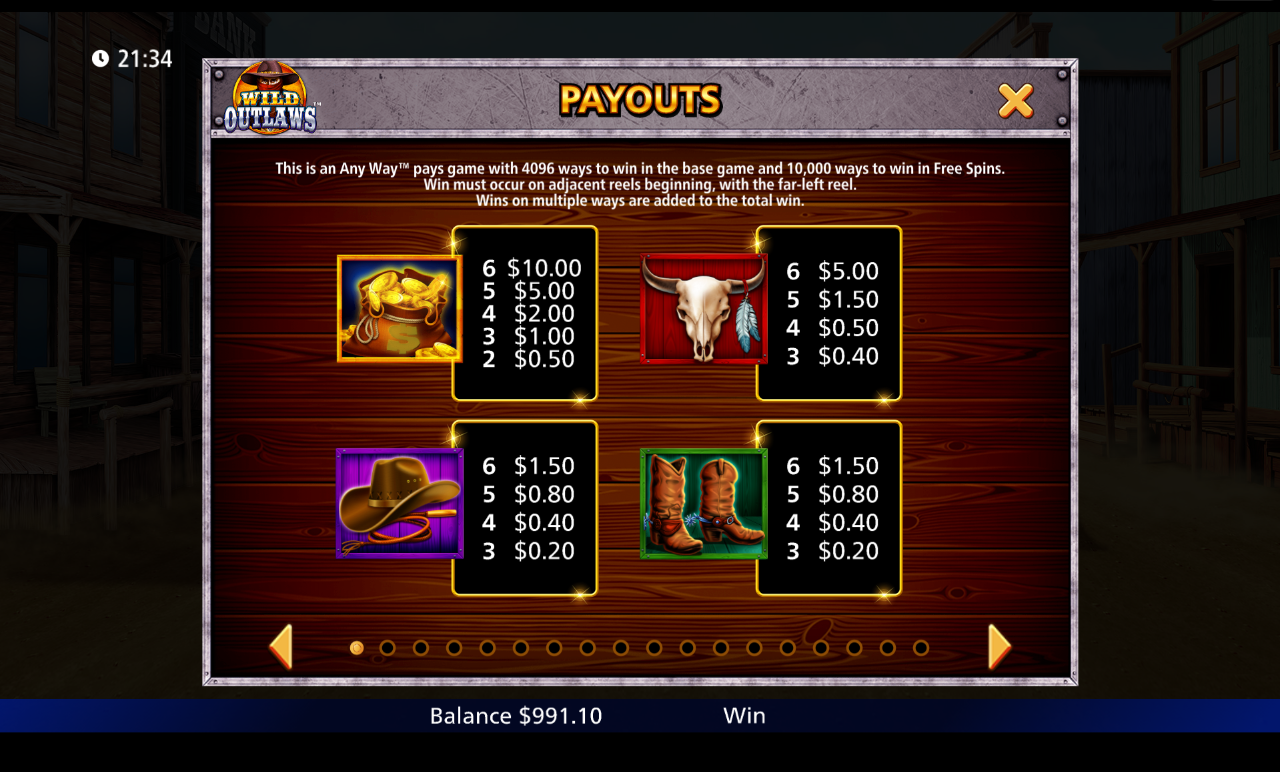 Wild Outlaws information screen