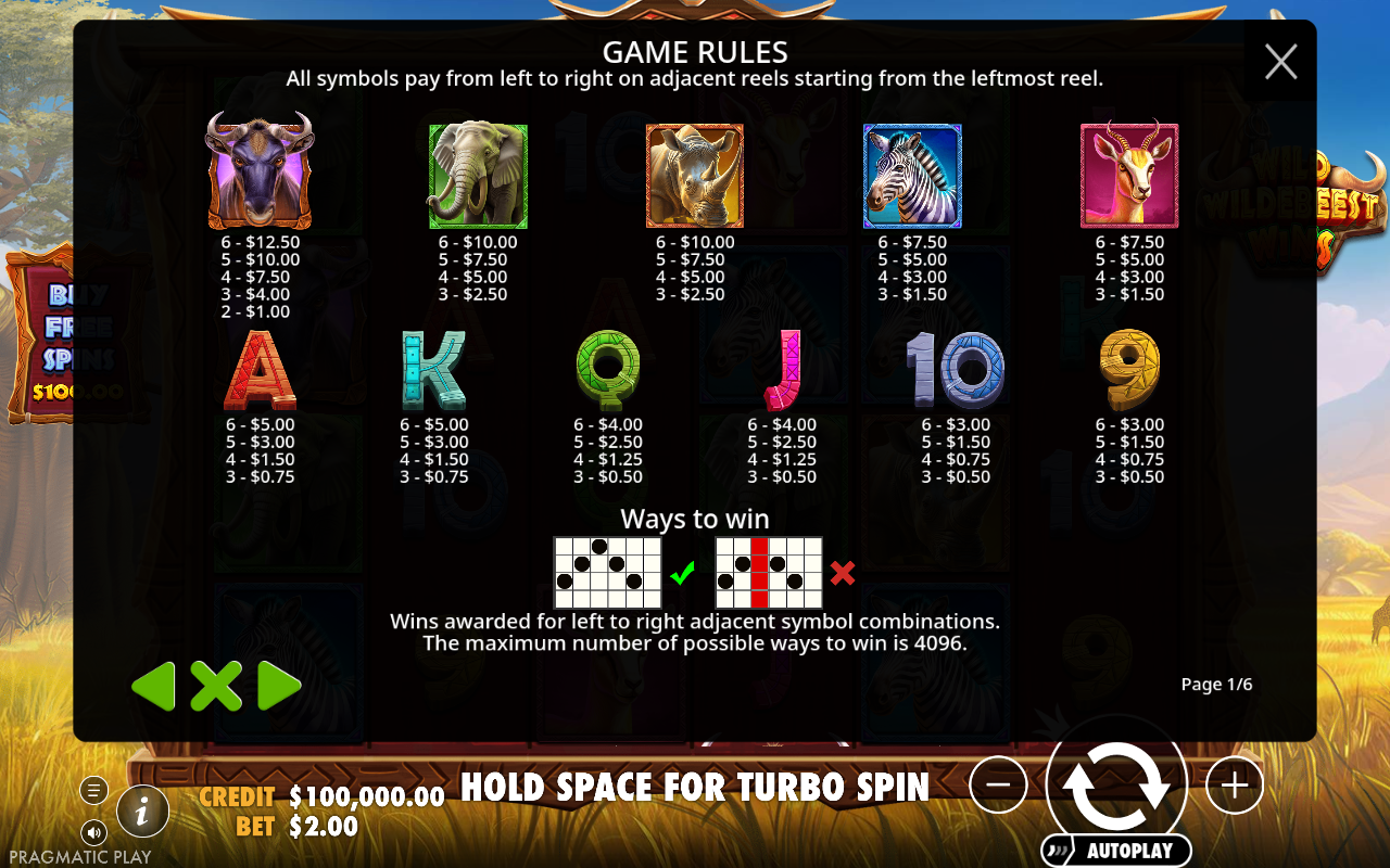 Wild Wildebeest Wins information screen