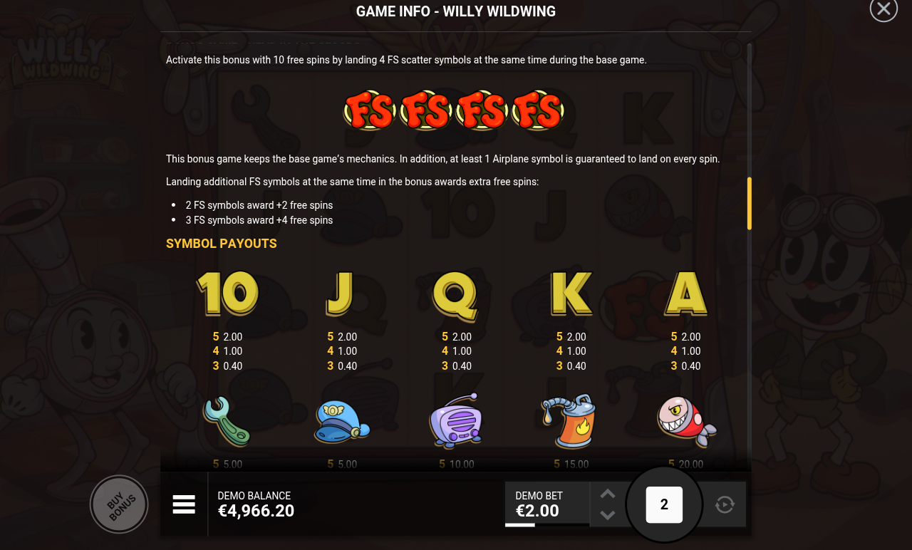 Willy Wildwing information screen