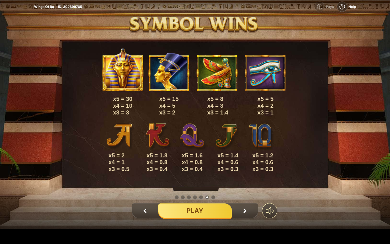 Wings of Ra win lines information screen