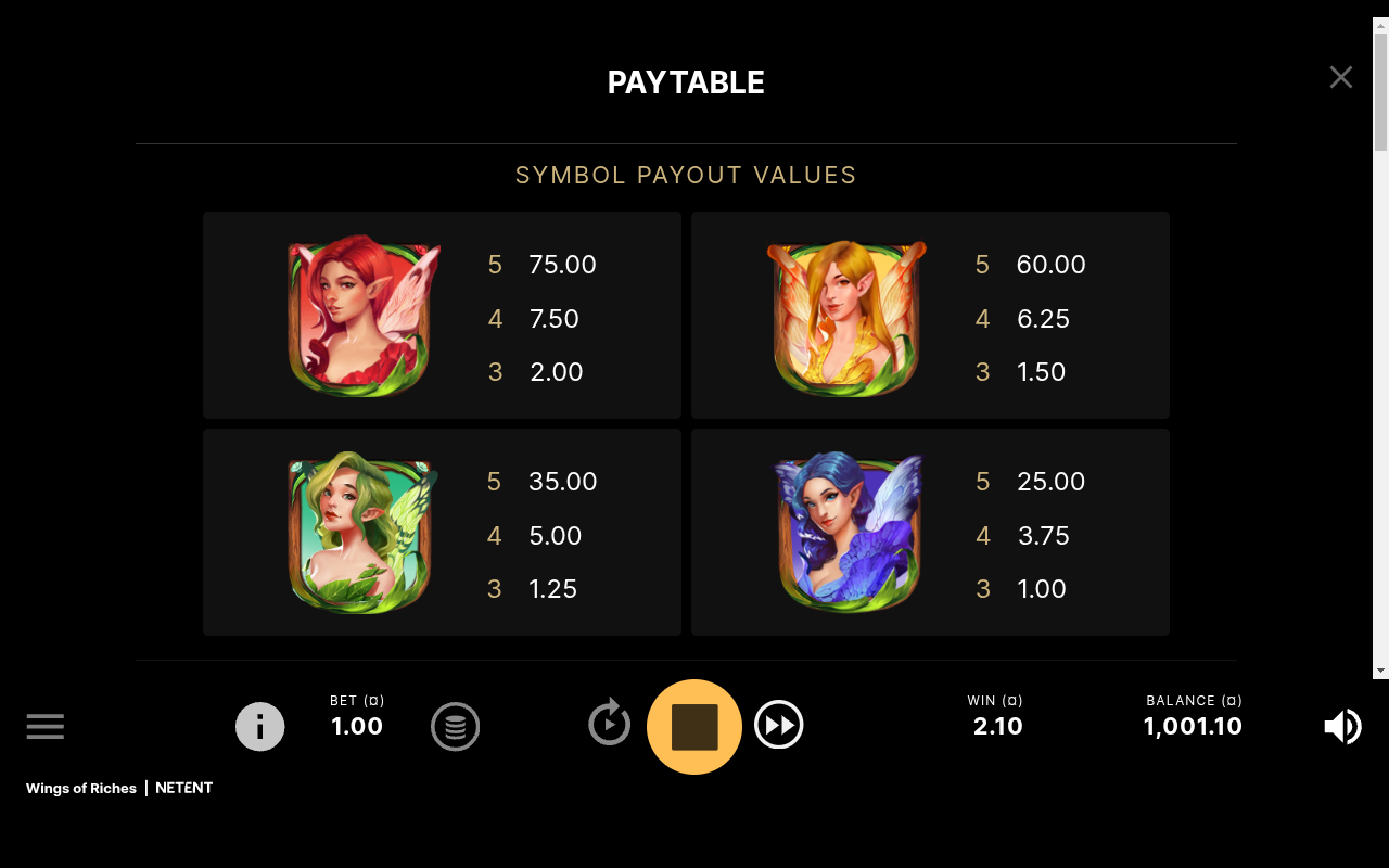 Wings of Riches information screen