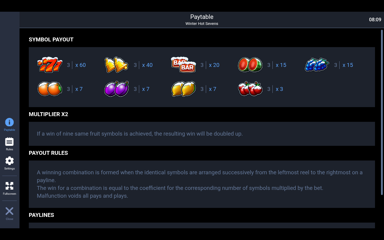 Winter Hot Sevens information screen