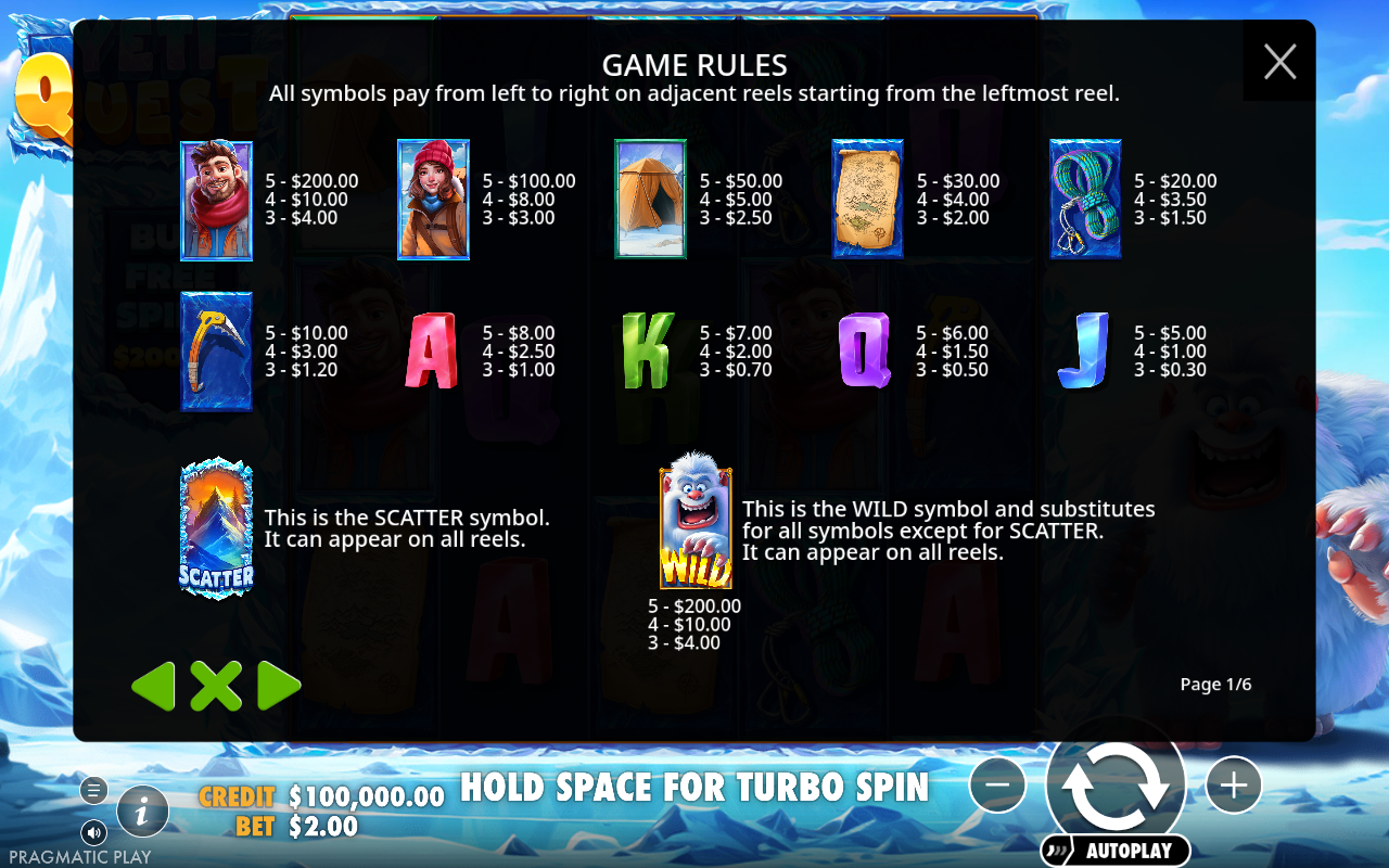 Yeti Quest information screen showing paylines, wild and scatter symbols