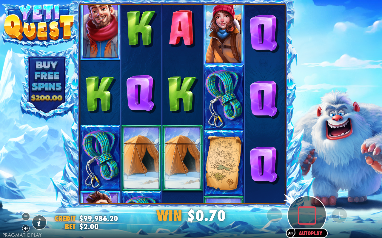Yeti Quest gameplay showing multiplier symbols on the reels